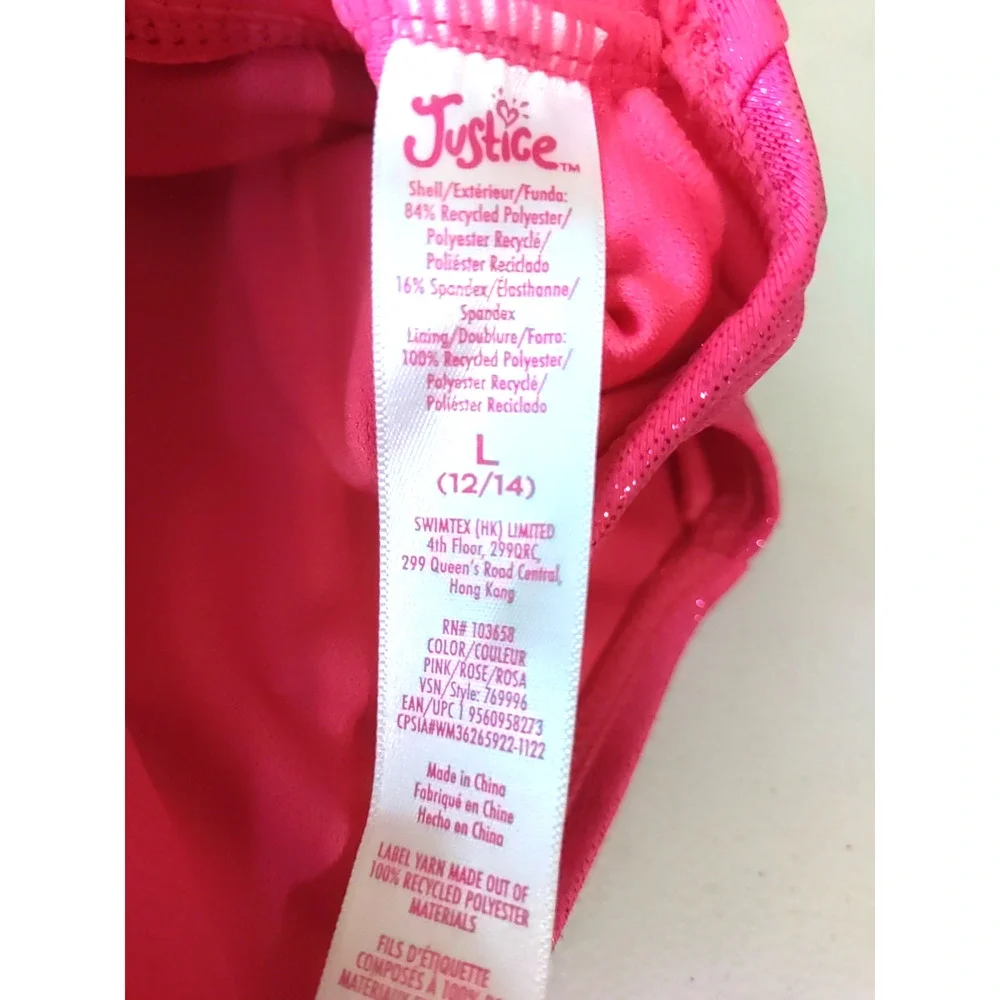 Justice Sport Girls Bathing Suit Bakini Hot Pink Black Metallic Size L 12/ 14